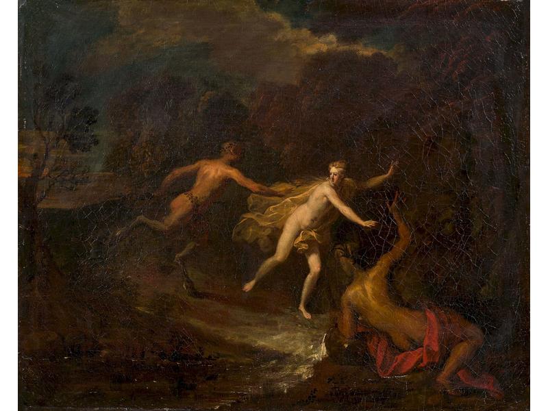 Antoine DIEU (Paris 1662-1727) : Pan et Syrinx. Toile. Dimensions : 37x46.2 cm. Il existe une autre version avec légères variantes au musée des beaux-Arts de Rennes (inv. 1998-9-5, 32.5x43.5 cm)