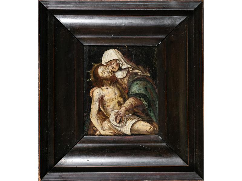 Ecole Flamande XVIIe siècle : Piéta. Huile sur panneau de chêne (usures). Dim: 22x18 cm.