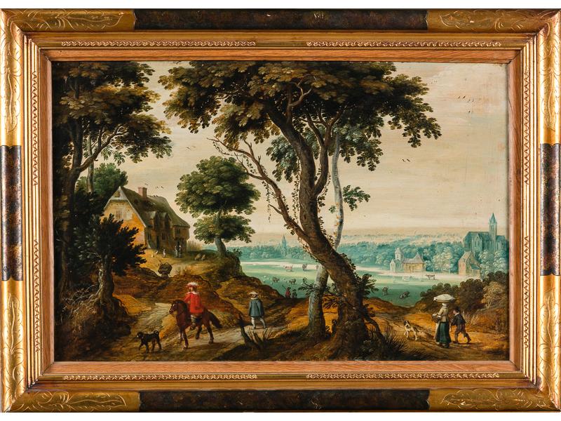 Attribué à Isaac van OOSTEN (1613-1661) : Paysage animé de personnages dont un cavalier. Panneau de chêne, une planche, non parqueté. Dimensions : 36x54.5 cm (Petits manques). Expert : Cabinet Turquin.