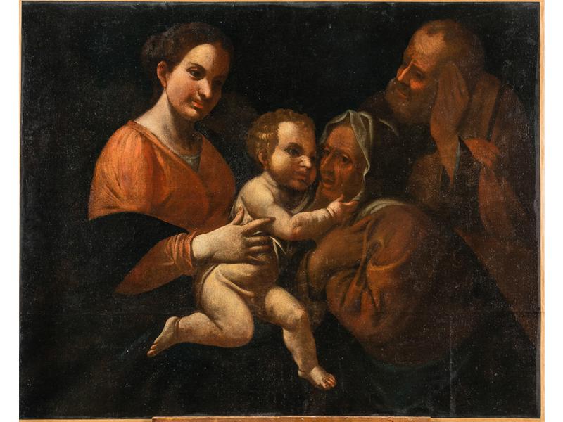 Ecole Italienne XVIIe siècle : Sainte Famille. Huile sur toile.  Dim.: 88.5x110 cm. (rentoilage et repeints, sans cadre)