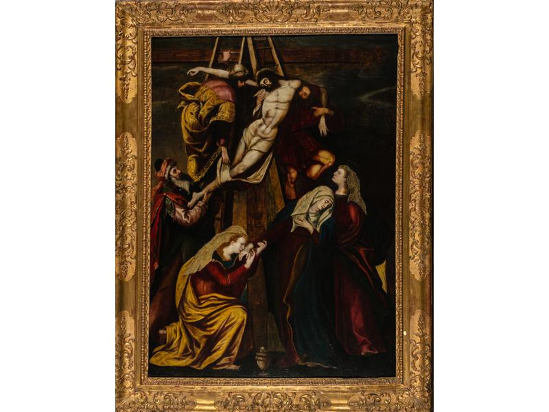 Ecole Anversoire vers 1620 : La Descente de Croix. Panneau de chêne, trois planches, renforcé. Dim.: 125x91,2 cm.  Restaurations anciennes. Expert : Cabinet Turquin.