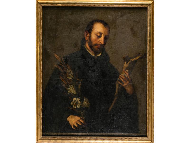 Ecole du XVIIe siècle : Portrait du Jésuite François Régis de la compagnie apostolique.  Toile.  Dim.: 98x83 cm. (accidents, repeints et restaurations)