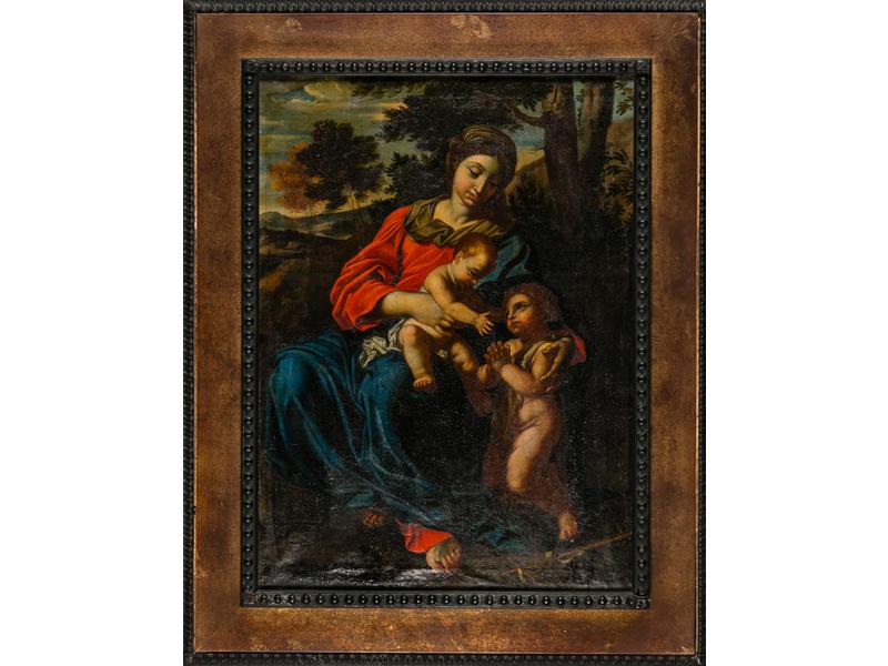 Ecole Italienne du XVIIe siècle : Vierge à l'Enfant avec saint Jean-Baptiste.  Sur sa toile et son châssis d'origine.  Dim.: 71x52 cm. Restaurations anciennes.