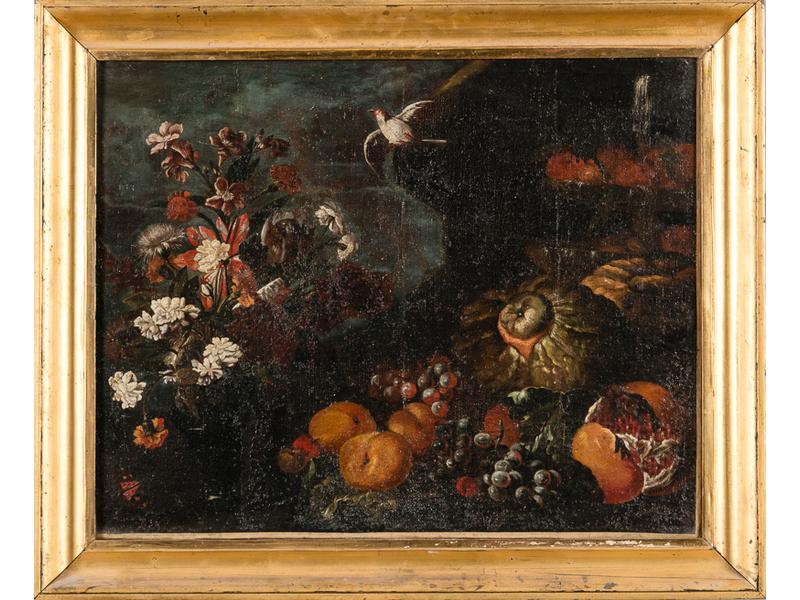 Ecole Romaine vers 1720, entourage de Frans Werner van Tamm : Nature morte aux fleurs et aux fruits.  Huile sur toile.  Dim. : 55x65 cm. (rentoilage et restaurations)