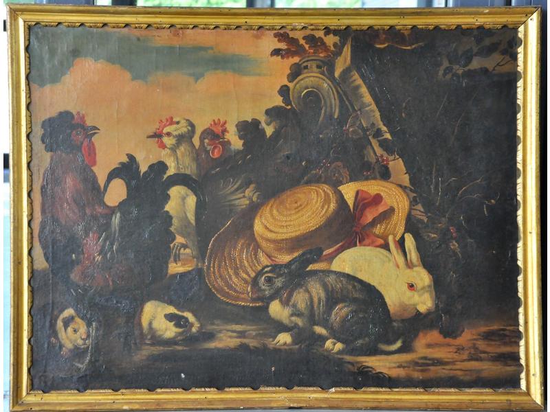 Ecole HOLLANDAISE vers 1700, suiveur de David de KONINCK : Poules, coqs, lièvres et chapeau. Sur sa toile d'origine. Dim.: 73x97 cm. (restaurations anciennes et petits accidents)