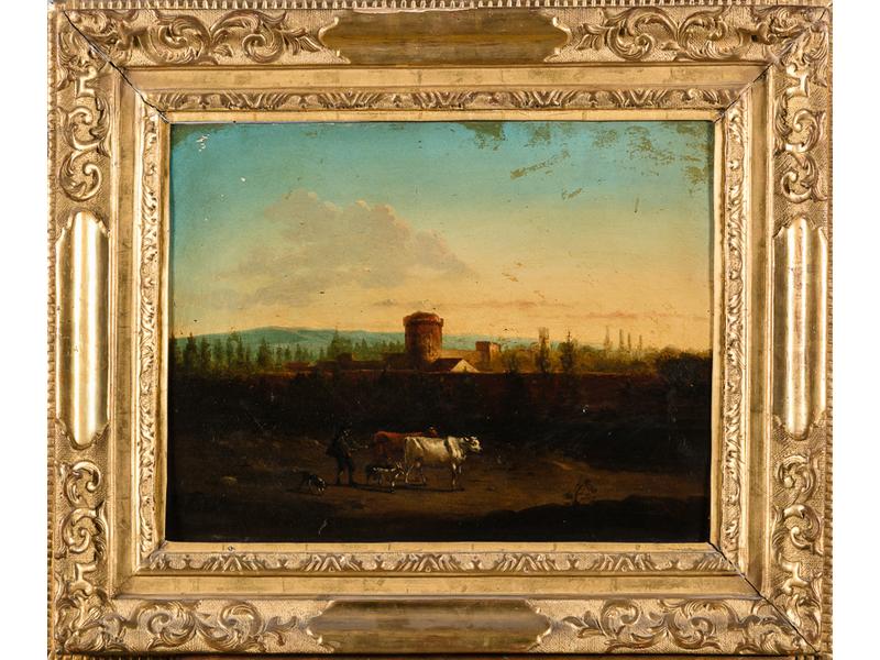 Ecole Italienne début XVIIIe siècle : Le gardien de troupeau. Huile sur panneau de chêne.  Dim.: 40x54 cm.  Cadre en bois doré XVIIIe siècle.