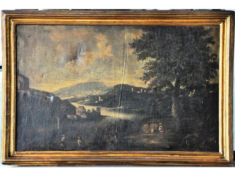 Ecole ITALIENNE du XVIIIe siècle, suiveur de Paolo ANESI : Paysage animé. Sur sa toile d'origine. Dim.: 64x103 cm. (accidents et restaurations anciennes) Dans une gorge moulurée, travail italien du XVIIIe siècle.