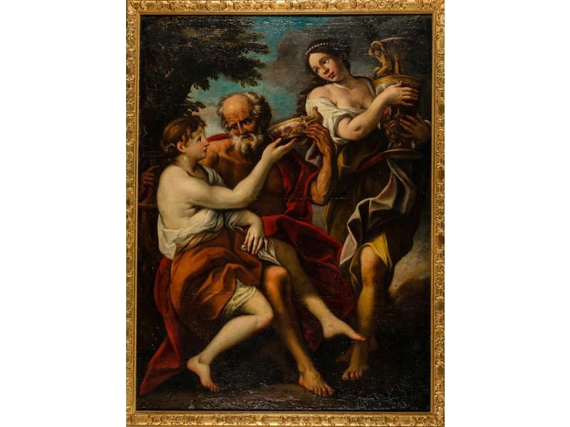 Ecole Romaine du XVIIIe siècle : Loth et ses filles. Toile. Dim.: 97x130 cm. Manques et restaurations anciennes. Expert : Cabinet Turquin.