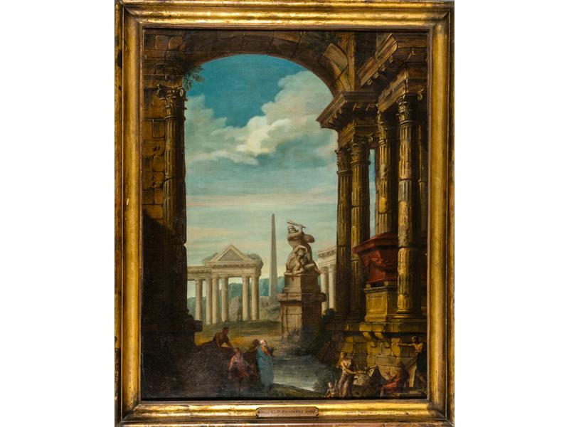 Ecole Romaine du XVIIIe siècle, suiveur de Giovanni Paolo PANINI : Ruines antiques animées de personnages. Toile. Dim.: 72x55,5 cm. Restaurations anciennes. Expert : Cabinet Turquin.