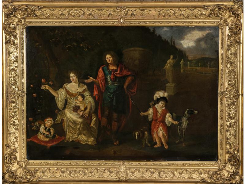 Ecole Hollandaise vers 1700, suiveur de Caspar NETSCHER : Portrait de famille dans un jardin classique. Toile. Dim.: 98x139,5 cm. Restaurations anciennes et manques. Dans un cadre en bois sculpté et doré.