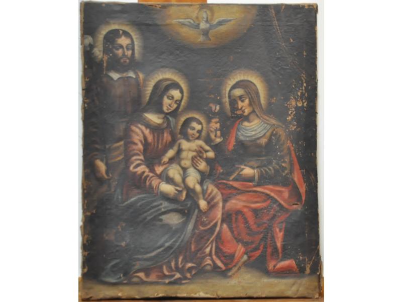 Ecole XVIIIe siècle : La Sainte Famille et Sainte Anne.  Toile.  Dim.: 82x66 cm. (nombreux manques de peinture, petits accrocs, sans cadre)