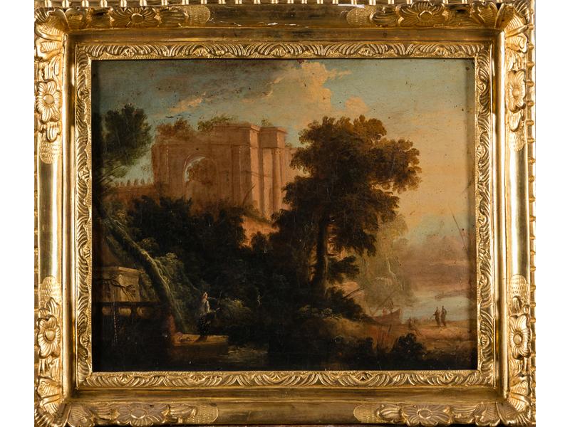 Ecole Italienne du XVIII° siècle : Paysage de ruines antiques animé. Huile sur toile. (Petits accidents et soulèvements). Dim.: 32,5x41cm