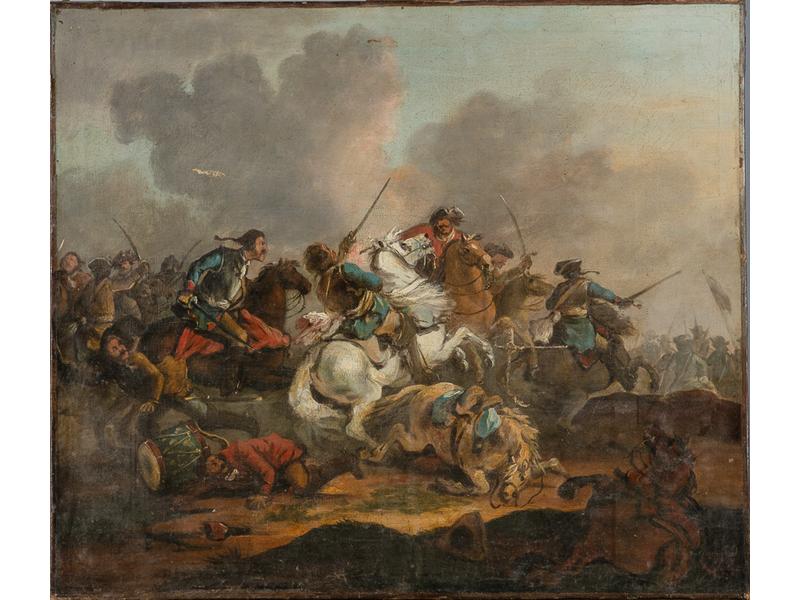 Ecole française de la fin du XVIIIe siècle: Etude d'un choc de cavalerie. Huile sur toile. Dim.: 46x54 cm. (rentoilée, accidents, restaurations, sans cadre)