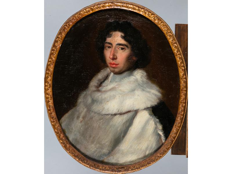 Ecole de la fin du XVIIIe siècle : Portrait du Cardinal Grégorio CHIARAMONTI, futur pape Pie VII. Huile sur toile de forme ovale (repeints et restauration). Dim.: 68x55.5 cm.