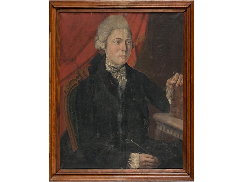 Ecole française du XVIIIe siècle : Portrait de Jean-Baptiste Nicolas SAGEBIN, âgé de 18 ans. Au dos porte l'inscription ci-dessus. Peint en 1768. Huile sur toile (coulure au centre du tableau). Dim: 81x64.5 cm.  Originaire de La Rochelle, il était notaire royal de la Généralité de La Rochelle.