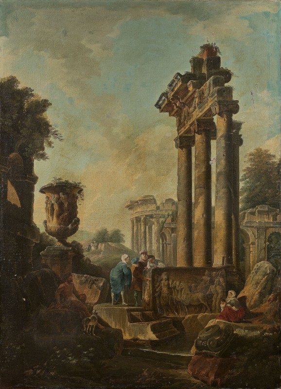 Attribué à Hubert ROBERT (1733- 1808) : L'archéologue. Toile. Dim.: 136,5x99 cm. (accidents, restaurations anciennes et manques).