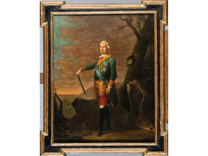 Ecole fin XVIIIe début XIXe siècle : Portrait en pied d'un monarque.  Huile sur toile.  Dim.: 83x66.5 cm. (restaurations et repeints)