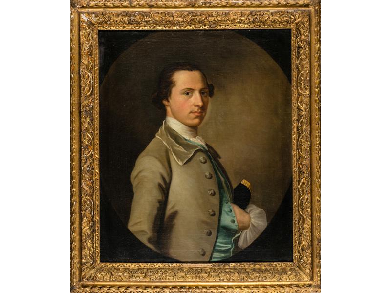 Ecole Anglaise vers 1760 : Portrait de jeune homme dans un ovale peint. Toile. Dim.: 77,5x64 cm. (restaurations anciennes)