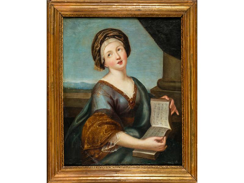Ecole FRANCAISE du XVIIIe siècle, entourage de Jacques-François COURTIN : Sainte Cécile. Toile anciennement ovale. Dim.: 72x59 cm. Restaurations anciennes. Expert : Cabinet Turquin.