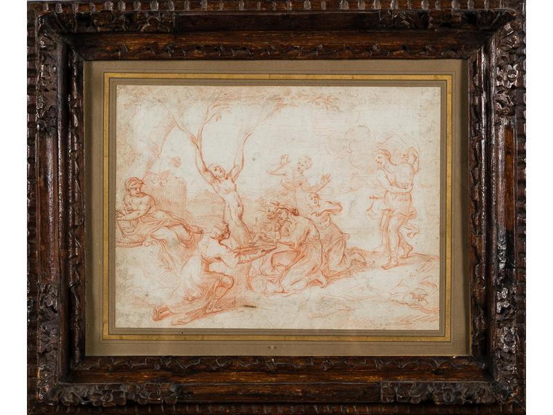 Ecole française du XVIIIe siècle: Scène mythologique. Dessin à la sanguine (au verso une étude de mains). Dim.: 25x33cm. Cadre en bois sculpté à décor de fleurs.
