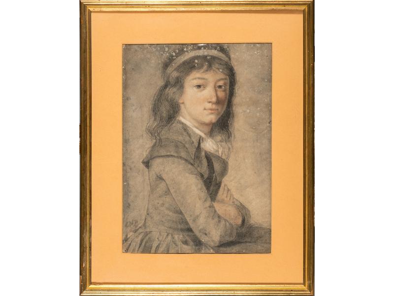 Ecole française de la fin du XVIIIe siècle : Portrait de jeune en buste de trois quarts. Trois crayons et estompe. Dimensions : 53x37.5 cm. Annoté 