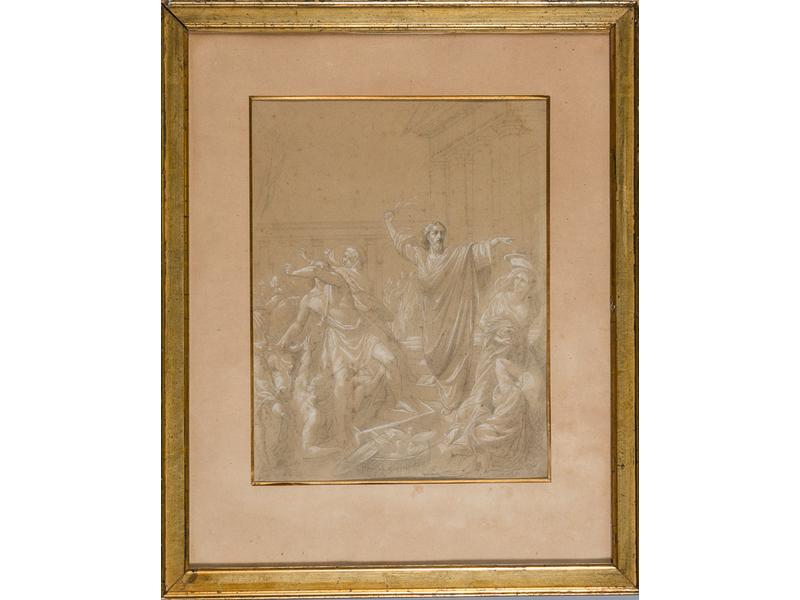 Ecole du XIXème: Jésus chassant les marchands du Temple. Dessin à la mine de plomb et craie blanche. Trace de signature, daté 1864 (quelques rousseurs)/ 37 x 28.5 cm.