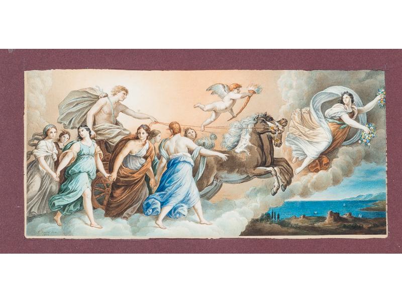 D'aprés Guido Reni : L'aurore. Aquarelle, signée en bas à gauche F.MUCCI et datée 1862. Dimensions : 13.5 x 29 cm
