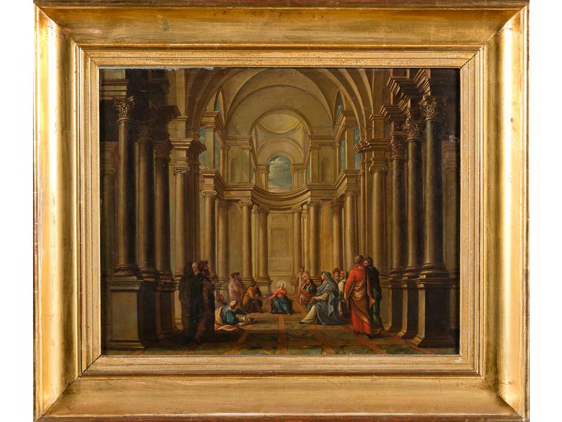 Ecole Française du début du XIXe siècle : Jésus enseignant aux docteurs. Huile sur panneau. Porte un monograme CTC (panneau fendu en haut et restauré). Dim: 47x60cm