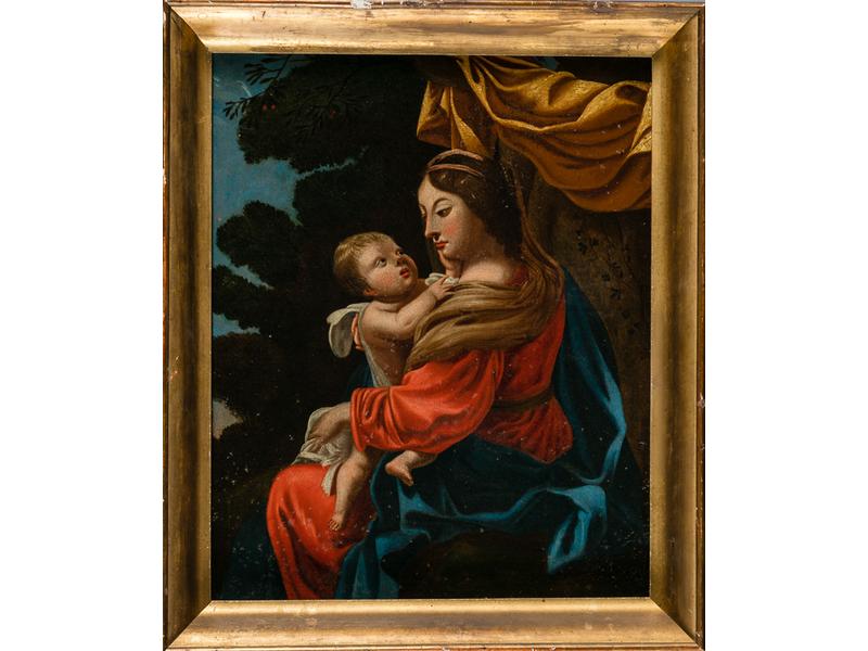D'après Simon VOUET - XIXe siècle : Vierge à l'Enfant. Huile sur toile. (rentoilage et restaurations postérieures). Dim.: 50x40,5 cm.