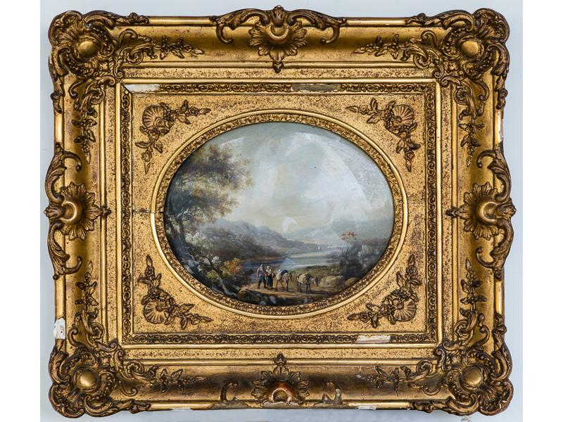 Ecole Française XIXe siècle : Paysage de montagne animé.  Gouache dans un ovale sous verre.  Dim.: 17x20 cm.  Encadrement en bois et stuc doré (accidenté).