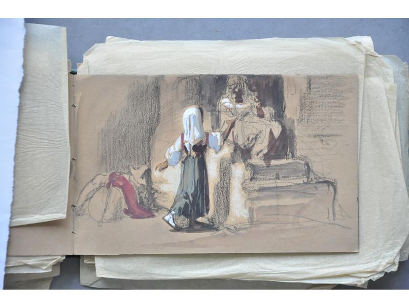 Nicolas François CHIFFLART (1825-1901) - Dessinateur et graveur français, illustrateur de l'oeuvre de Victor Hugo : Trois carnets de croquis, dessins à la mine de plomb, fusain et gouache.  Encres de Chine.  Provenance familiale.