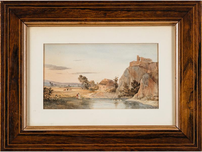 Antoine CHANTRON fils : Paysage animé.  Petite aquarelle signée en bas à droite, porte une date.  Dim.: 13x23 cm.
