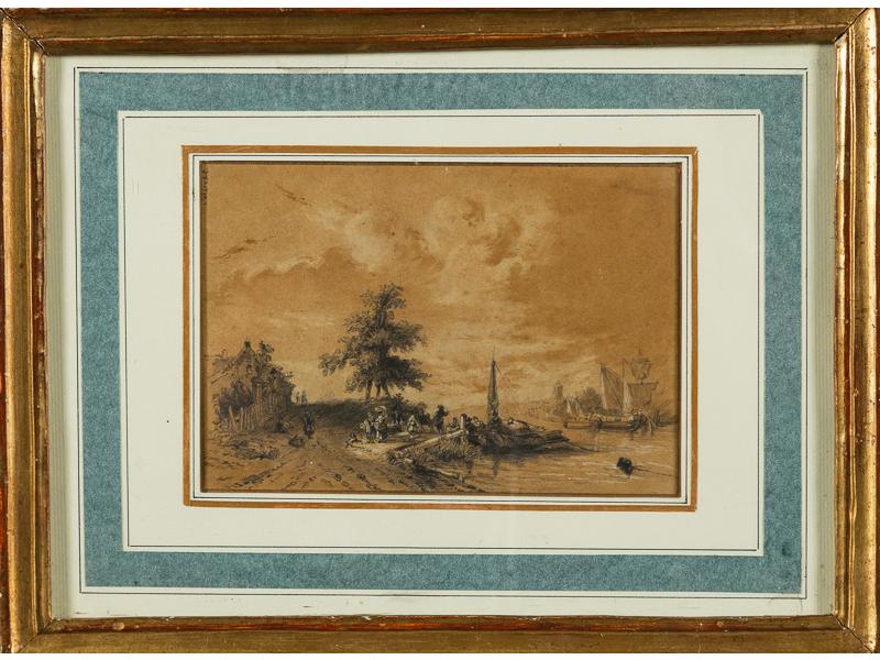 Ecole XIXe siècle : Bord de rivière animé.  Dessin à la mine de plomb, craie blanche et lavis, signé VERVEER.  Dim.: 13.5x19.5 cm.
