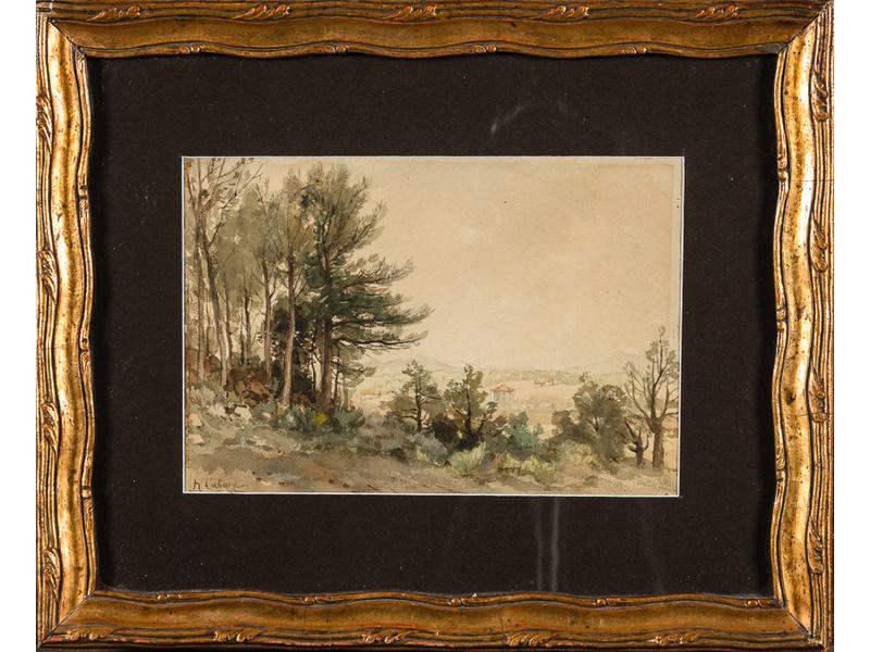 CABANE (fin XIXe début XXe siècle) : Paysage aux pins.  Aquarelle signée en bas à gauche.  Dim.: 19x27.5 cm.