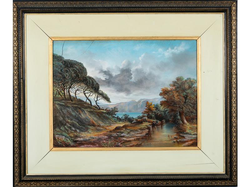 Ecole deuxième moitié du XIXe siècle : Deux pêcheurs dans un paysage.  Grand pastel.  Porte une signature illisible en bas à gauche.  Dim.: 73x100 cm.  (deux déchirures du papier angle haut gauche).  Encadré sous verre.