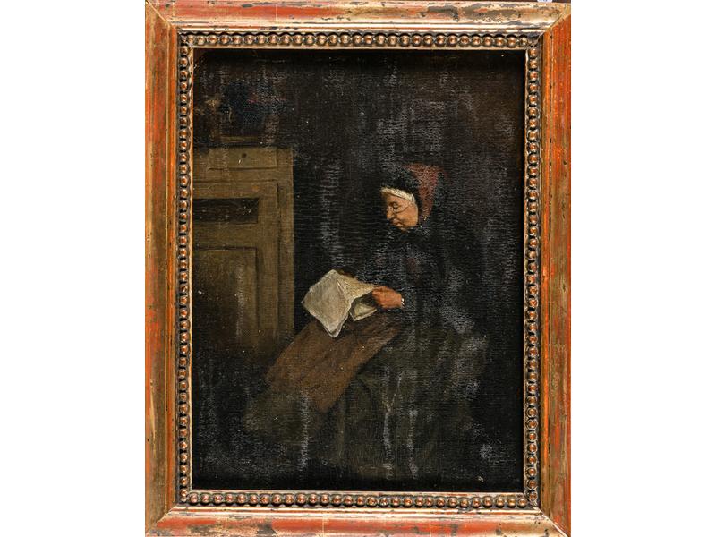 Ecole Hollandaise XIXe siècle : Femme lisant dans un intérieur.  Huile sur toile marouflée sur panneau.  Signature illisible en haut.  Dim.: 37x27 cm. (manque toile angle haut gauche)