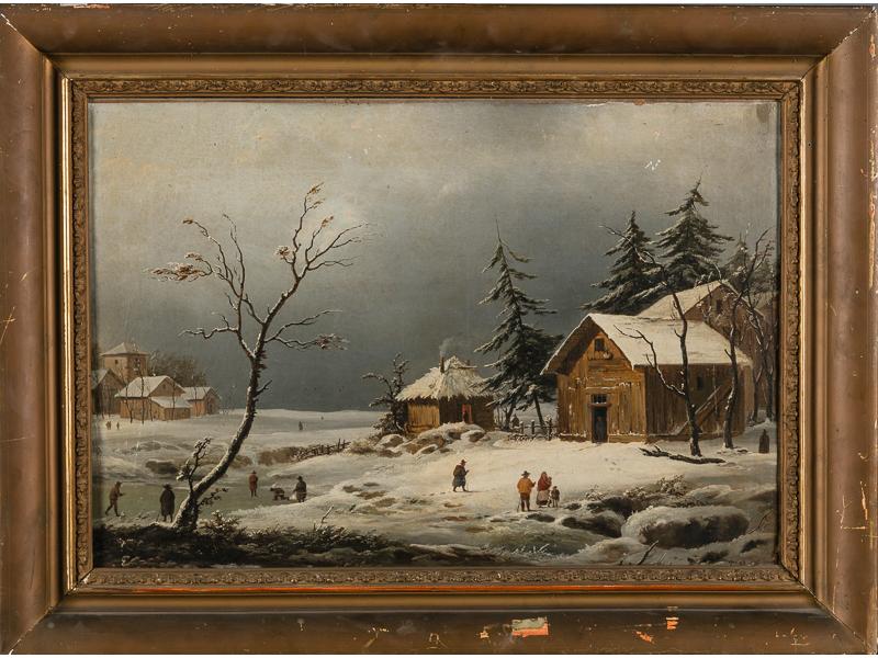 MORGHEN (début XIXe siècle) : Paysage hollandais en hiver. Huile sur toile signée en bas à droite (rentoilée et petites craquelures). Dim: 42.5x63 cm.