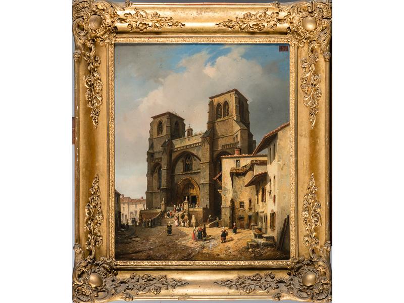 François Etienne VILLERET (1800-1866) :La Sortie de Messe Huile sur toile signée en bas à gauche et datée 47.  Dim.: 54x45 cm. (ancienne étiquette d'exposition , accident au centre en bas de la toile)