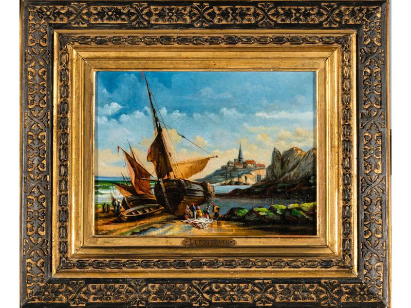 Eugène Modeste Edmond LE POITTEVIN (1806-1870) : Paysages maritimes animés de personnages.  Deux petites huiles sur toile, l'une signée et datée 1844.  Dim.: 21.5x27.5 cm.
