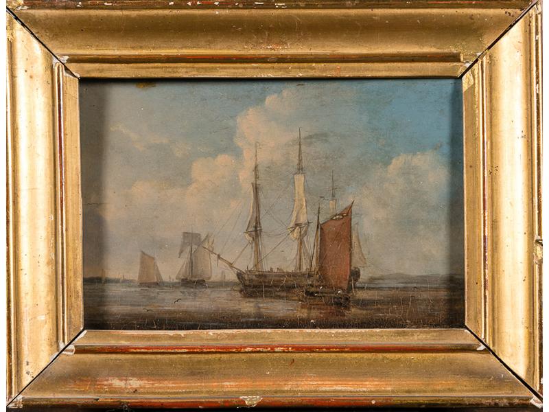 Ecole XIXe siècle : Marines et Batailles navales.  Trois petites huiles sur panneau.  Dim.: 12x17 cm. (petits trous de vers pour l'une)