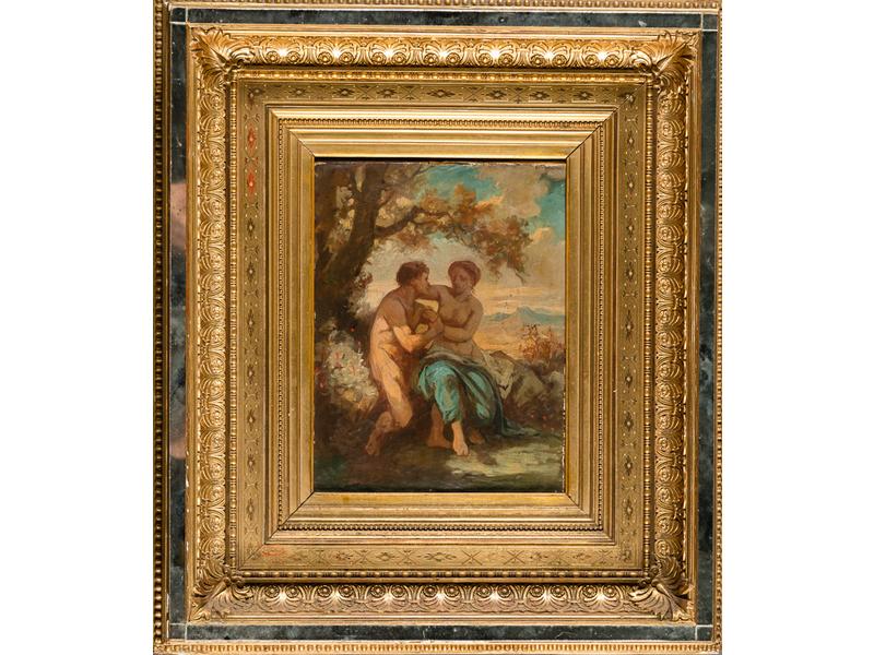 Ecole Française XIXe siècle : Couple assis dans un paysage.  Huile sur toile, dim.: 32x24 cm, dans un joli cadre en stuc doré.