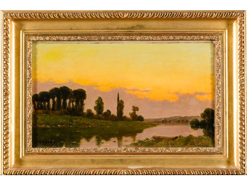 Jacques Henri DELPY  (1877-1957): Paysage au crépuscule. Huile sur carton signée en bas à gauche. Dim: 18.5x32 cm