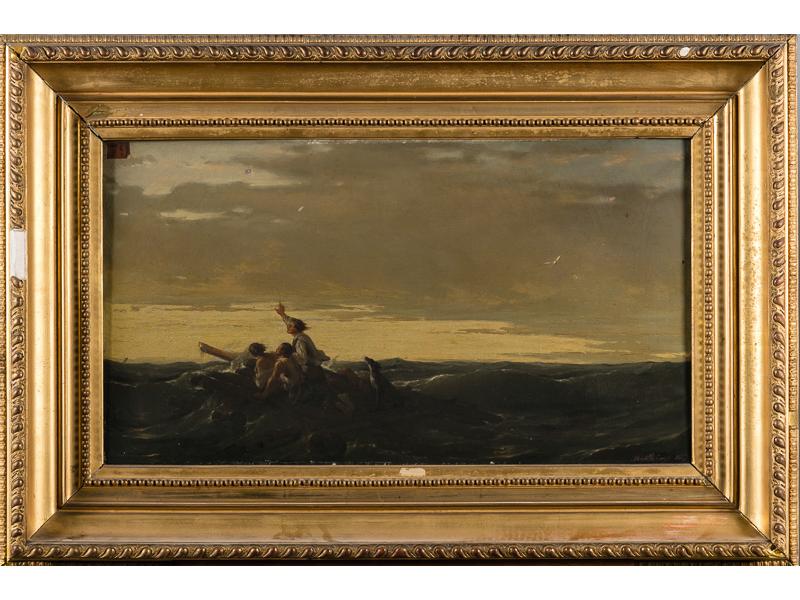 Pierre Emile BERTHELEMY (1818-1890) : Les naufragés. Huile sur toile signée en bas à droite.  Dim.: 41x73 cm. (ancienne étiquette d'exposition , quelques accidents)
