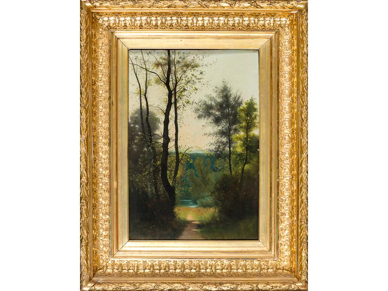 Ecole XIXe siècle : Paysage, lisière de forêt. Huile sur panneau dans un cadre en stuc doré. Dim. : 46 x 31 cm.