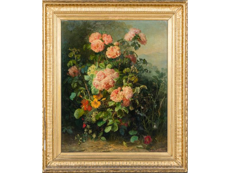 Alexina LECOMTE-CHERPIN (1834-?) : Composition florale. Huile sur toile signée en bas à droite.  Dim.: 100x82 cm.