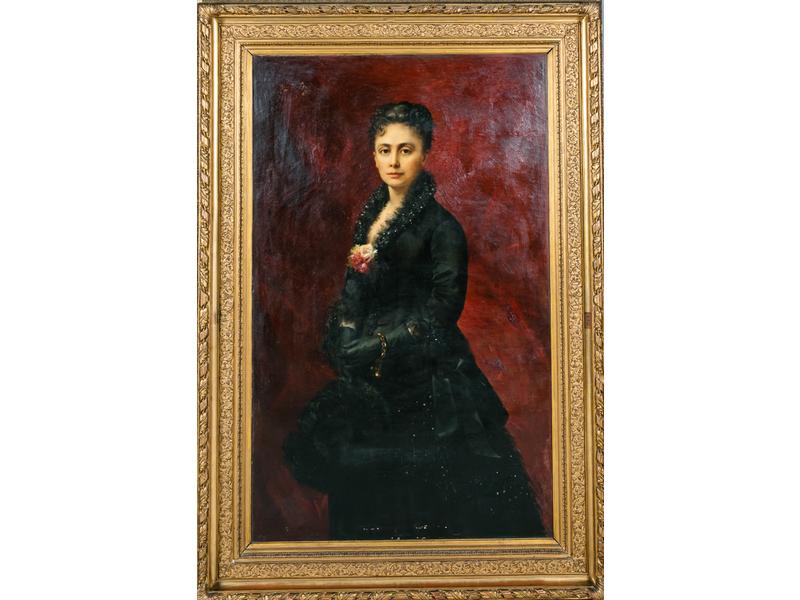 Louise COLLOMB (XIXe siècle) : Portrait de femme.  Grande huile sur toile signée en bas à gauche.  Dim.: 150x92 cm.