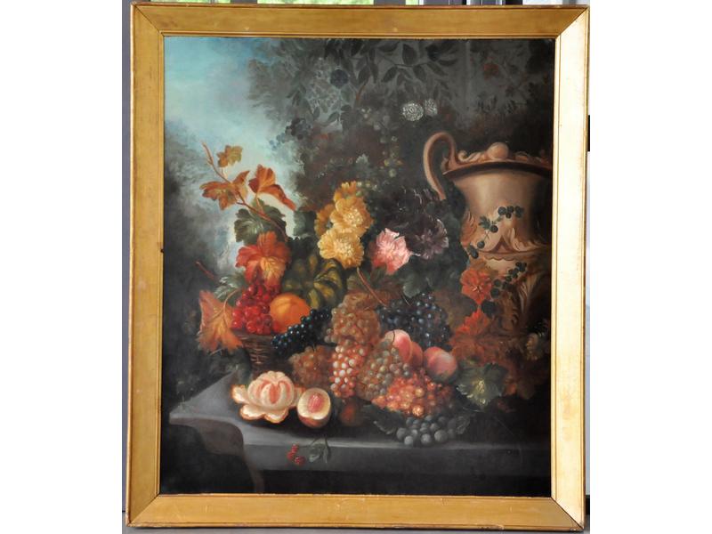 Ecole Française vers 1900 : Corbeille de fruits sur un entablement. Toile. Dim.: 116x100 cm.