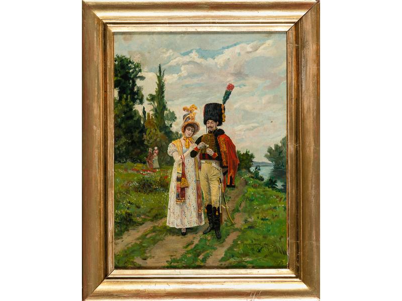 H. ROUFF : Le casaque et sa fiancée.  Huile signée en bas à droite.  Dim.: 41x30 cm. (rentoilée et restaurée)
