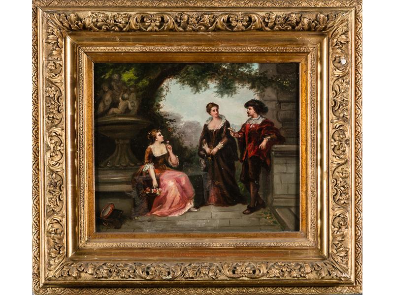 DELAROCHE (XIXe siècle) : Scène galante à la Renaissance. Huile sur toile signée en bas à gauche (petit rapiéçage en bas). Dim: 38x45.5 cm.