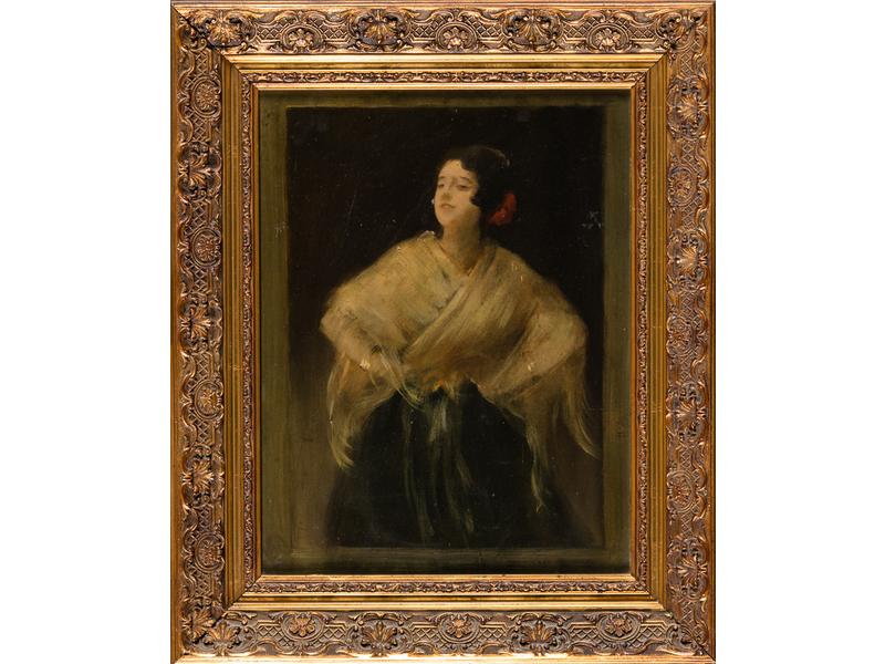 Ecole fin XIXe siècle : Femme au châle.  Huile sur panneau.  Dim.: 35x26.5 cm.